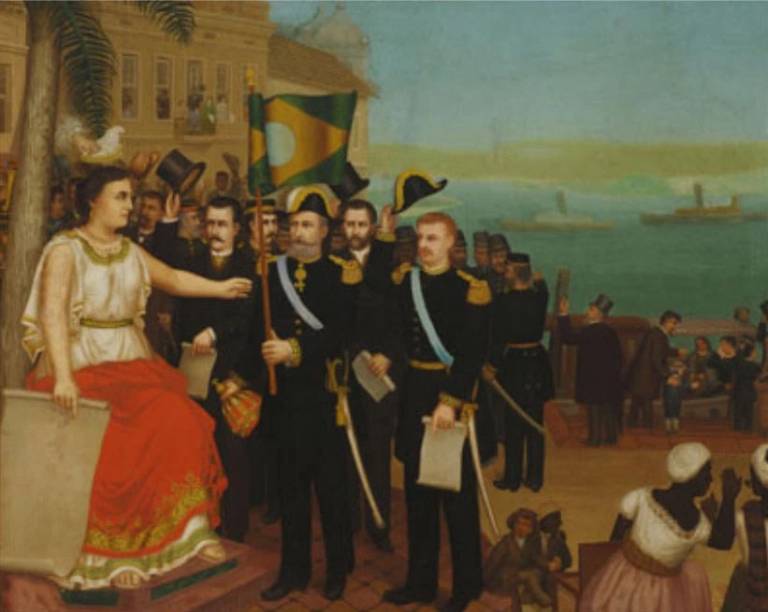 "Alegoria à proclamação da República e à partida da família real" (1889), anônimo - Deodoro da Fonseca entrega a bandeira a uma alegoria da República, trajada de vestido branco e capa vermelha, enquanto a família imperial embarca no navio. É uma idealização e mitificação do que foi, na verdade, um golpe de Estado