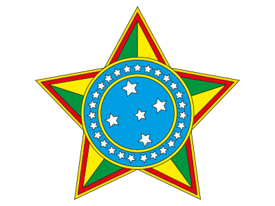 Estrela de cinco pontas com o cruzeiro do sul apoiada sobre escudo