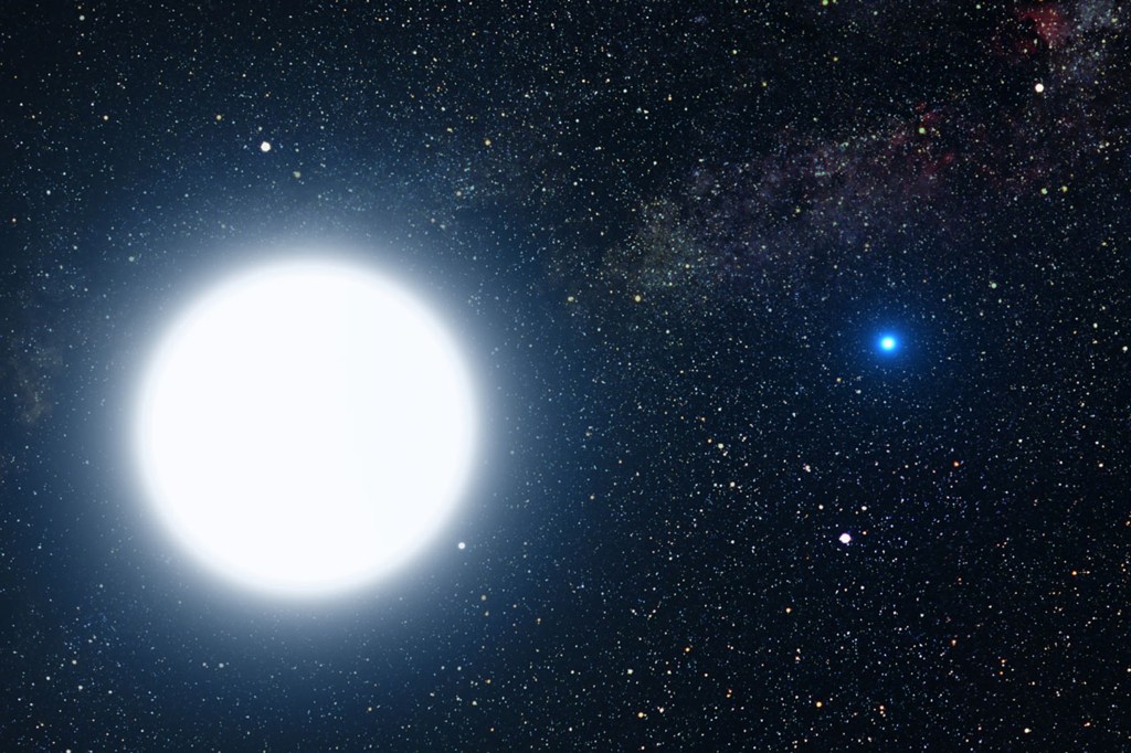 Impressão artística do sistema de estrelas binárias de Sirius A e seu diminuto companheiro azul, Sirius B