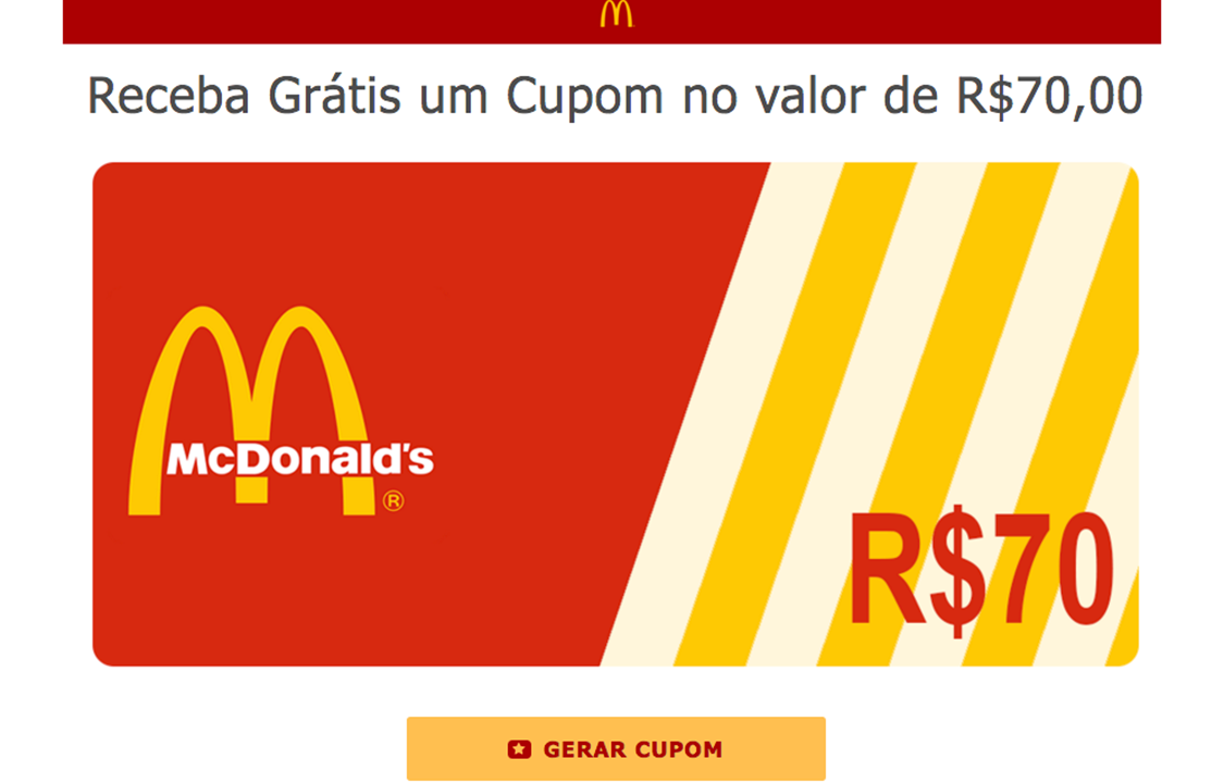 Site divulga cupom falso de 70 reais para compras na rede de fast food McDonald's