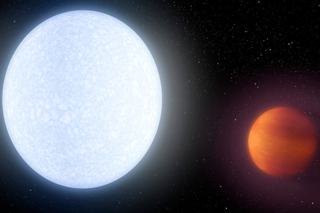 Ilustração da estrela KELT-9, que tem 2,5 vezes a massa do Sol e é pelo menos duas vezes mais quente que ele, e o planeta KELT-9b, que tem temperaturas que chegam a 4.327°C