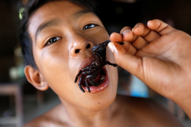 Em Kampong Cham, província do Camboja, um garoto come aranhas tarântulas fritas. (Foto tirada no dia 19/04/2017)