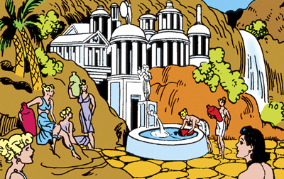 Themyscira, ou Ilha Paraíso, em quadrinho antigo da heroína