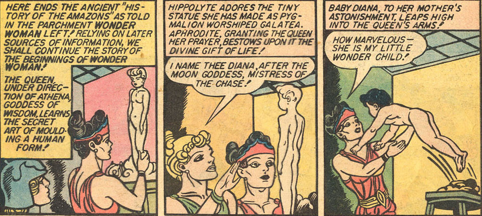 Hipólita e Afrodite criam Diana, feita a partir do barro pela amazona e avivada pela deusa, em uma das versões de sua origem nos quadrinhos