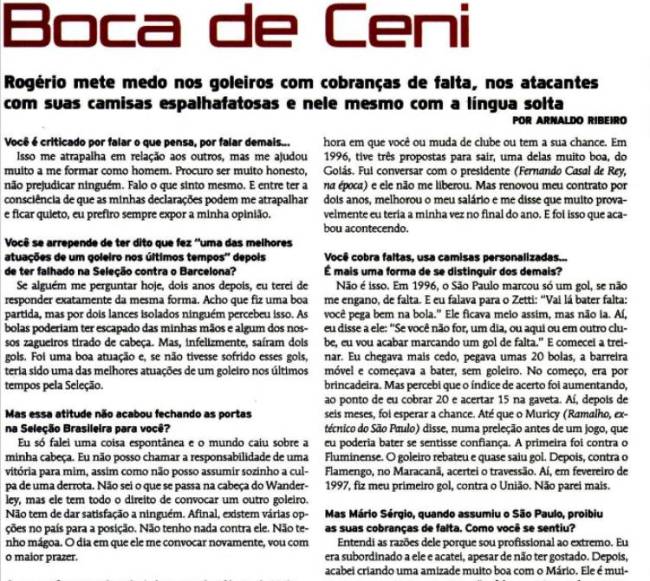 Entrevista de Rogério Ceni à edição de agosto de 2000 de Placar