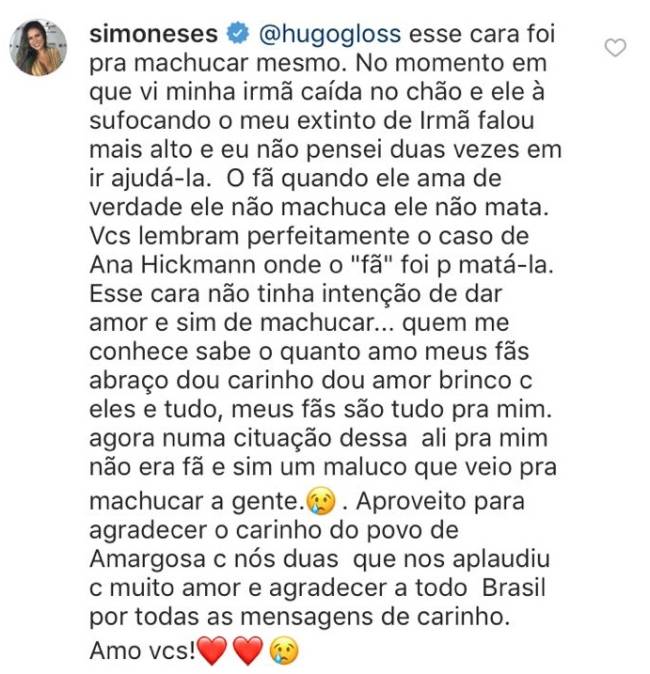 Simone fala sobre fã que derrubou sua irmã, Simaria, durante um show da dupla Simone fala sobre fã que derrubou sua irmã, Simaria, durante um show da dupla