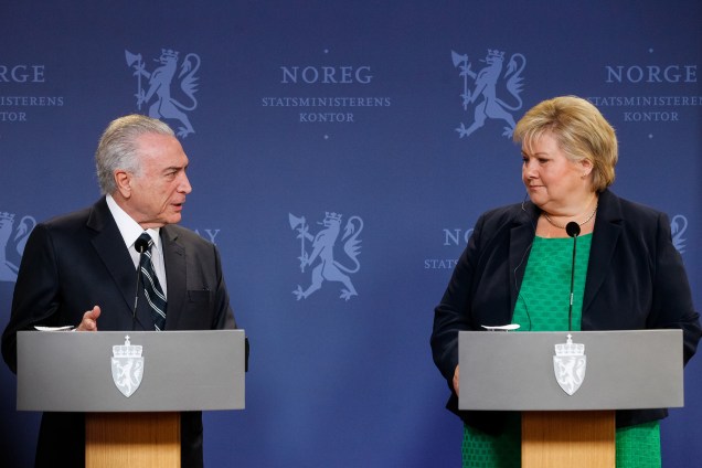 O presidente Michel Temer durante coletiva de imprensa com a primeira-Ministra da Noruega Erna Solberg em Oslo - 23/06/2017
