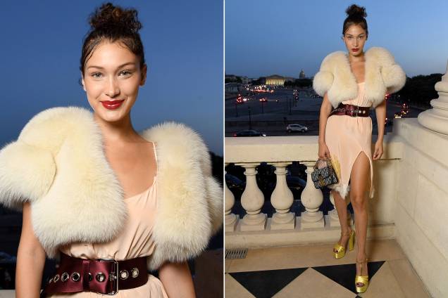 Modelo Bella Hadid aposta no glamour com look da grife <span>Miu Miu</span>