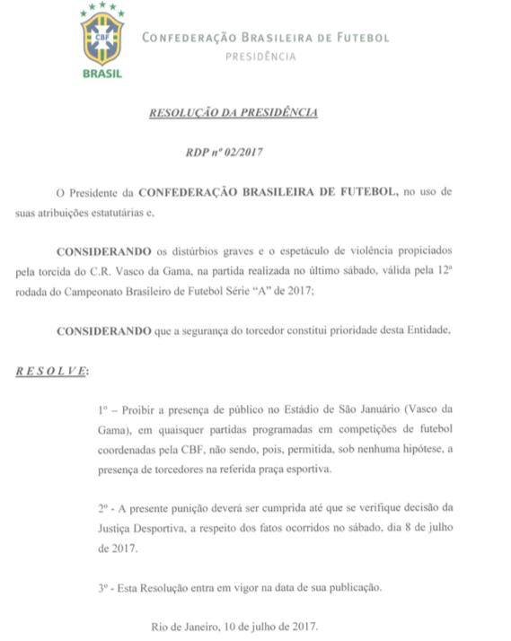 Resolução da CBF que determinou a suspensão de partidas com torcida em São Januário