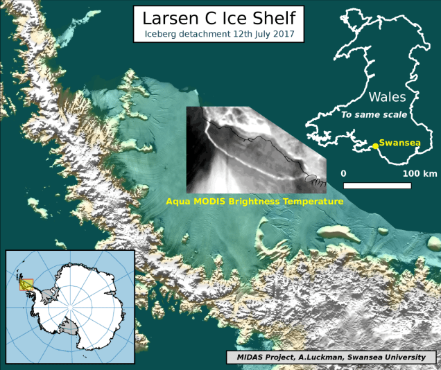 Mapa da Plataforma Larsen C mostrando a separação do iceberg