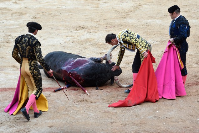 O torero espanhol David Fandila toca um touro de luta depois de dar o golpe de misericórdia tirando a vida do animal durante a quarta corrida do Festival de São Firmino, em Pamplona