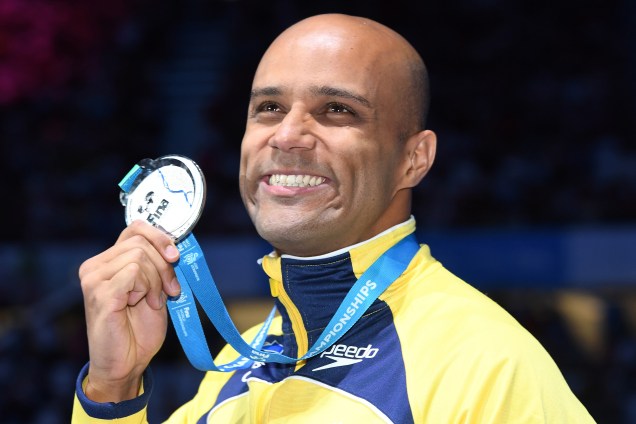 O brasileiro João Gomes Junior conquista a medalha de prata na final masculina dos 50 metros peito durante o Mundial de Esportes Aquáticos em Budapeste, na Hungria - 26/07/2017