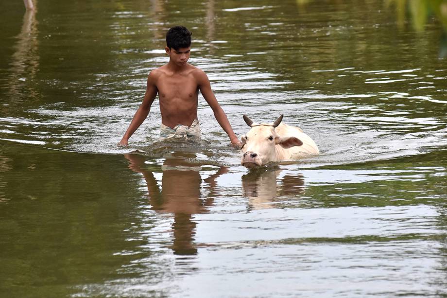 Aldeão indiano caminha ao lado de um boi por rua alagada em Morigaon, após forte tempestade inundar a região, na Índia - 12/07/2017