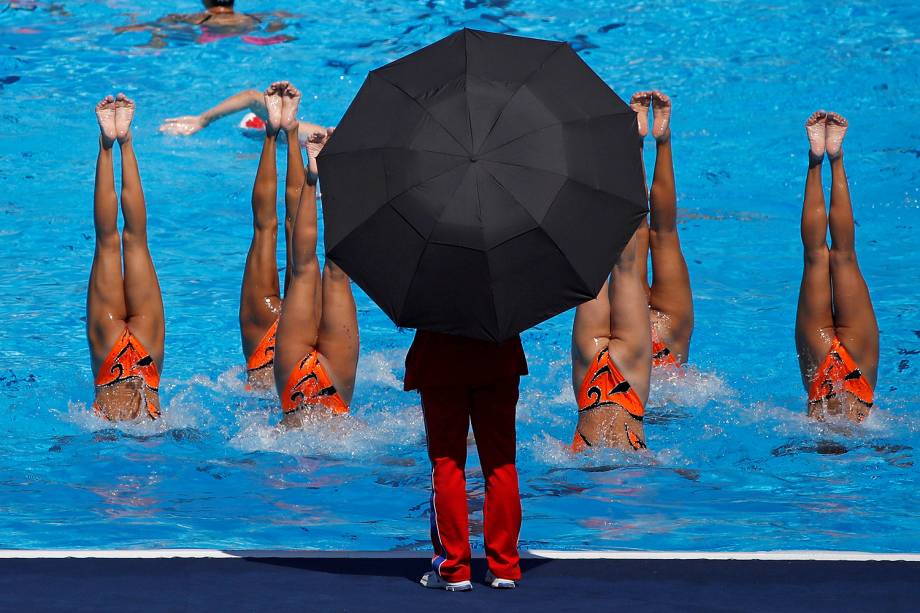 Equipe da Coreia do Norte faz treino antes da competição no Campeonato Mundial de Esportes Aquáticos, em Budapeste, na Hungria - 18/07/2017