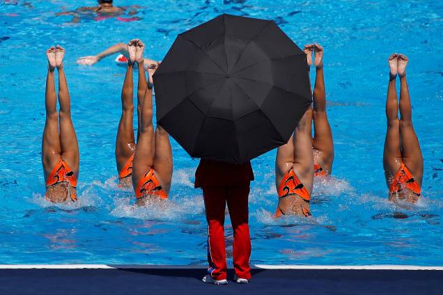Equipe da Coreia do Norte faz treino antes da competição no Campeonato Mundial de Esportes Aquáticos, em Budapeste, na Hungria - 18/07/2017 Equipe da Coreia do Norte faz treino antes da competição no Campeonato Mundial de Esportes Aquáticos, em Budapeste, na Hungria - 18/07/2017