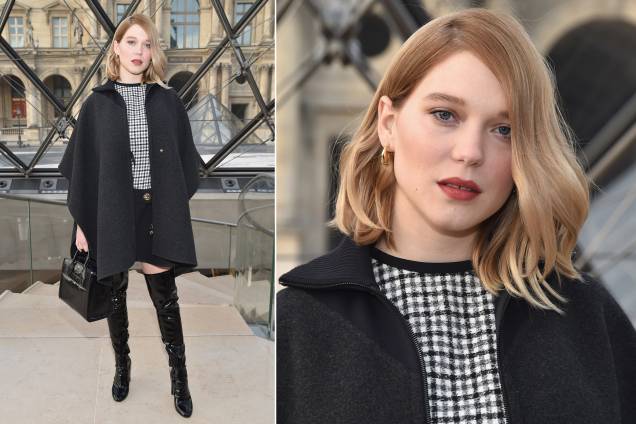Garota-propaganda de linha de perfumes da Louis Vuitton, a atriz francesa Léa Seydoux compareceu ao desfile da marca com botas over knee e casaco tipo capa Garota-propaganda de linha de perfumes da Louis Vuitton, a atriz francesa Léa Seydoux compareceu ao desfile da marca com botas over knee e casaco tipo capa