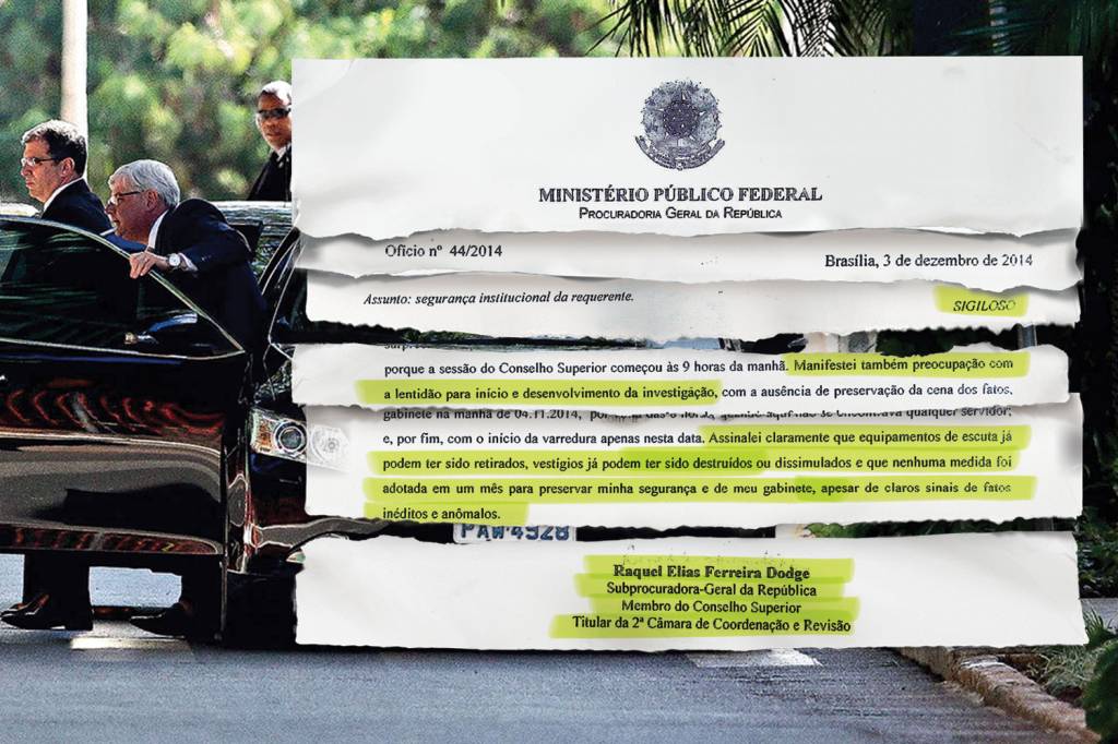 NO GABINETE - Janot e seus seguranças, e o fac-símile de um dos documentos assinados por Raquel