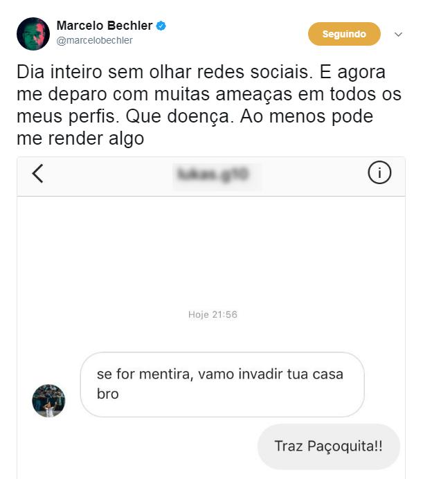 Troca de mensagens entre jornalista Marcelo Bechler e um seguidor