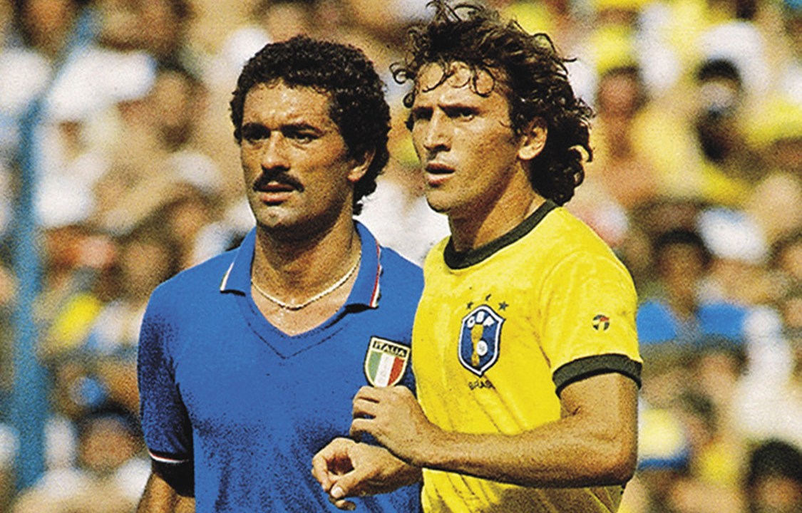 Zico do Brasil e Gentile da Itália, durante jogo entre Brasil e Itália, válido pela Copa do Mundo de 1982