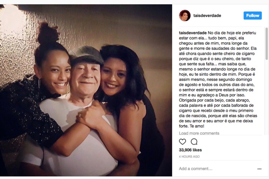 A atriz Tais Araújo posta foto com o pai em homenagem ao Dia dos Pais