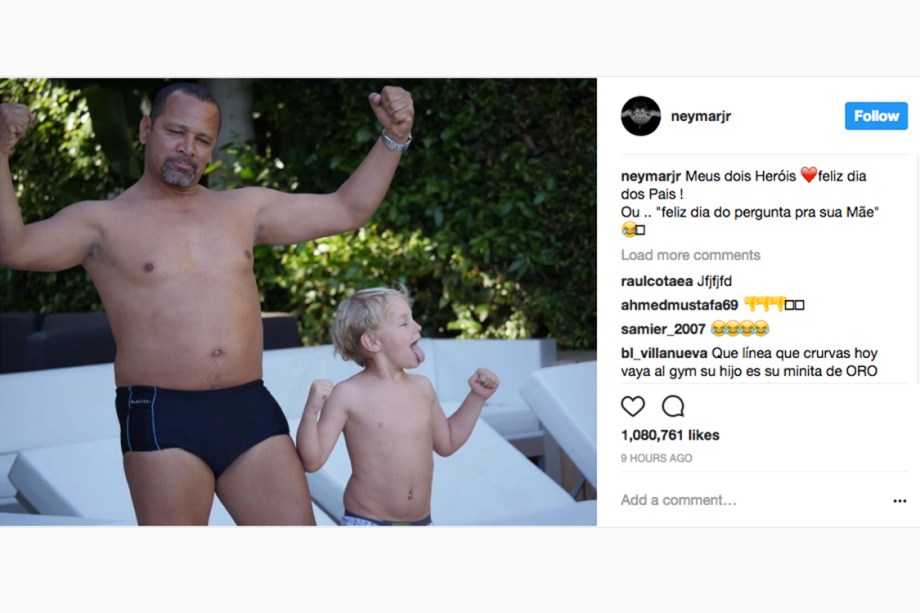 O jogador Neymar posta foto do pai e do filho em homenagem ao Dia dos Pais