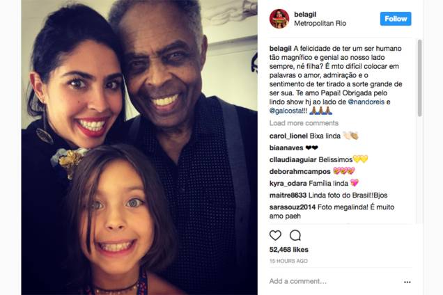 Bela Gil, homenageia o pai Gilberto Gil, no Dia dos Pais Bela Gil, homenageia o pai Gilberto Gil, no Dia dos Pais
