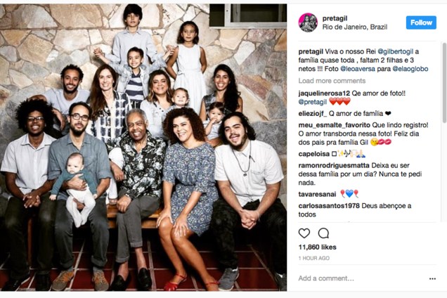 Preta Gil posta foto com a família reunida junto com seu pai Gilberto Gil