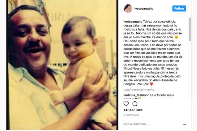 A cantora Ivete Sangalo posta foto antiga com seu pai, em homenagem ao Dia dos Pais A cantora Ivete Sangalo posta foto antiga com seu pai, em homenagem ao Dia dos Pais