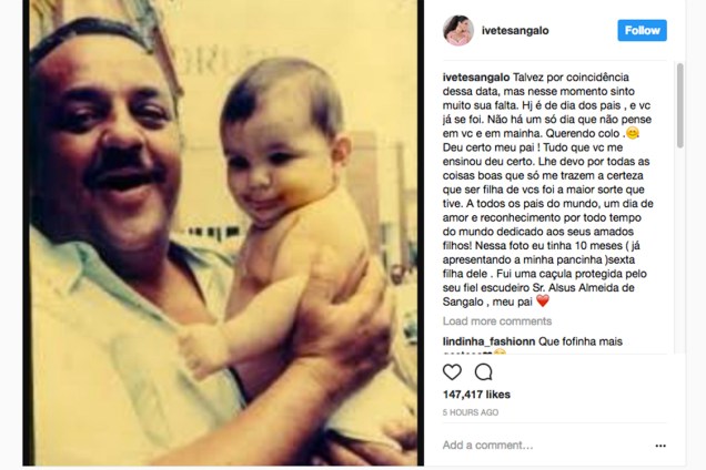 A cantora Ivete Sangalo posta foto antiga com seu pai, em homenagem ao Dia dos Pais