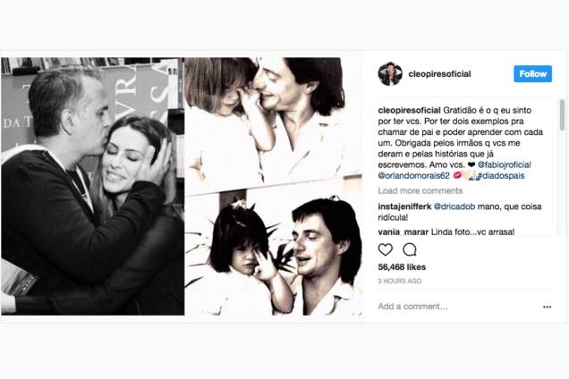 A atriz Cleo Pires homenageia seu pai Fábio Júnior e seu padrasto Orlando Morais, no Dia dos Pais A atriz Cleo Pires homenageia seu pai Fábio Júnior e seu padrasto Orlando Morais, no Dia dos Pais