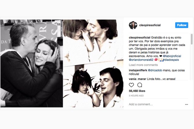 A atriz Cleo Pires homenageia seu pai Fábio Júnior e seu padrasto Orlando Morais, no Dia dos Pais