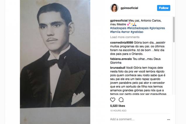 A atriz Glória Pires homenageia seu pai, no Dia dos Pais A atriz Glória Pires homenageia seu pai, no Dia dos Pais