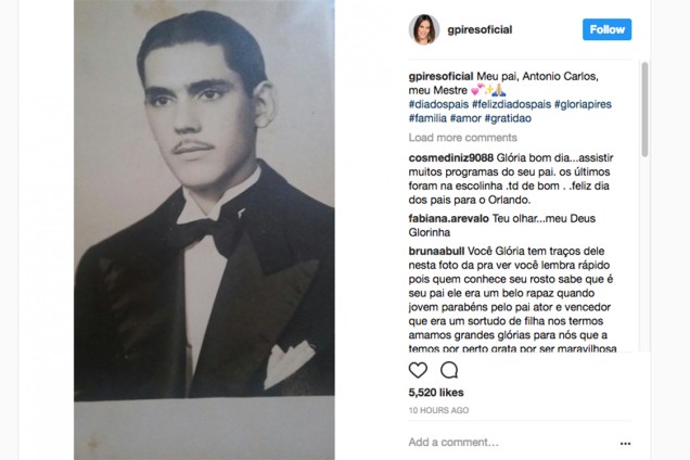 A atriz Glória Pires homenageia seu pai, no Dia dos Pais