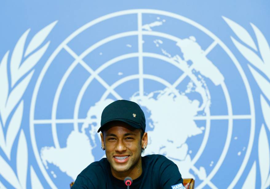 Neymar participa de uma coletiva de imprensa nas Nações Unidas em Genebra, na Suíça, durante sua apresentação como embaixador da boa vontade - 15/08/2017