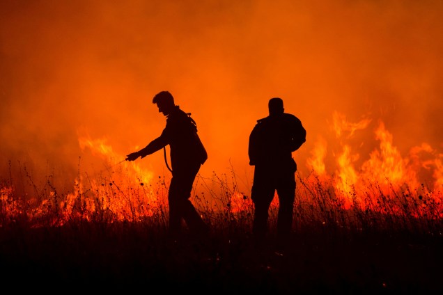 Bombeiros trabalham contra as chamas em um incêndio florestal na vila de Bribir, em Skradin na Croácia - 22/08/2017