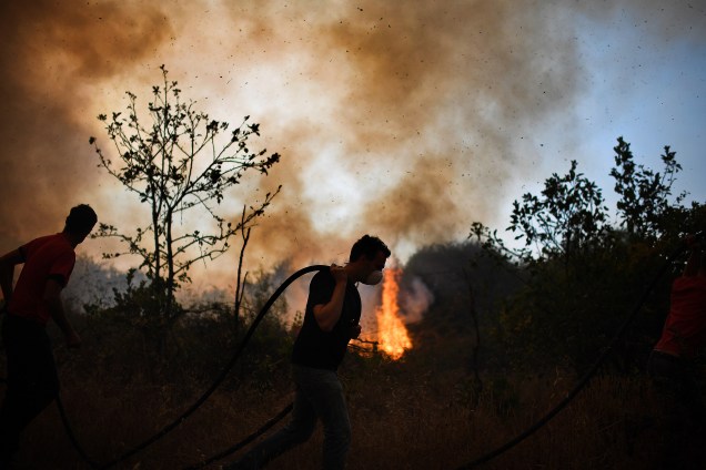 Moradores da vila de Pucarica tentam conter o incêndio que se espalha pela floresta, na cidade de Abrantes, em Portugal