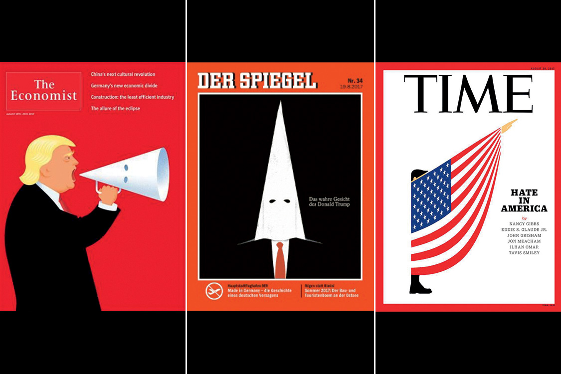 REJEI&Ccedil;&Atilde;O GLOBAL &ndash; Os principais ve&iacute;culos do mundo rejeitaram as declara&ccedil;&otilde;es de Trump. Na revista inglesa The Economist e na alem&atilde; Der Spiegel, ele foi associado &agrave; c&ocirc;nica m&aacute;scara branca da Ku Klux Klan. Na Time a bandeira americana aparece na forma