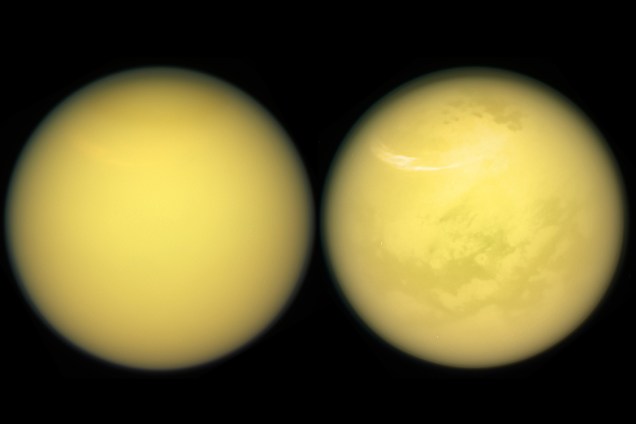 Detalhes de Titã, que mostram a superfície da lua, assim como as nuvens e a névoa presente na atmosfera do astro.