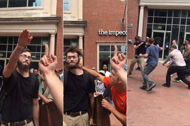 Série de imagens mostra supremacista branco fazendo sinal em alusão ao nazismo e sendo agredido momentos depois por opositores