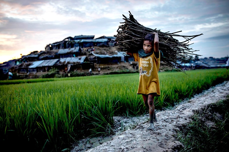 Menino rohingya carrega lenha em um campo de refugiados em Bangladesh - 10/09/2017