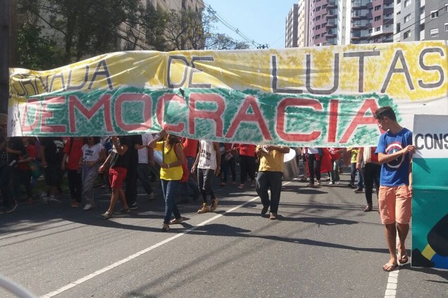 Manifestantes caminham pelas ruas de Curitiba (PR) protestando em favor da democracia