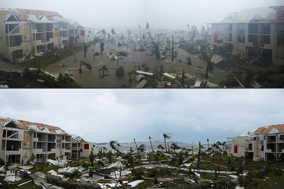 Combinação de imagens dos dias 06 e o7 de setembro, mostra hotel destruído após passagem do furacão Irma pela Ilha de Saint Martin, no Caribe - 07/06/2017