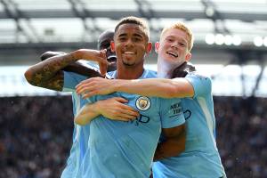 Gabriel Jesus, do Manchester City, comemora gol durante partida contra o Liverpool, válida pela Premier League