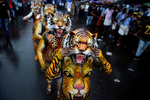 Artistas pintados como tigres participam do 'Pulikali', ou dança do tigre, em Thrissur, na Índia - 07/09/2017