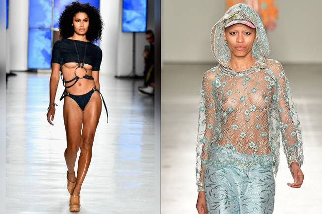 Transparência e ousadia com as marcas Chromat (dir) e Custo Barcelona (esq) no New York Fashion Week