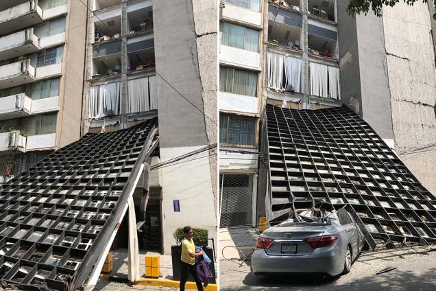 Estrutura de um prédio cai em cima de um carro após terremoto atingir Cidade do México, no México - 19/09/2017
