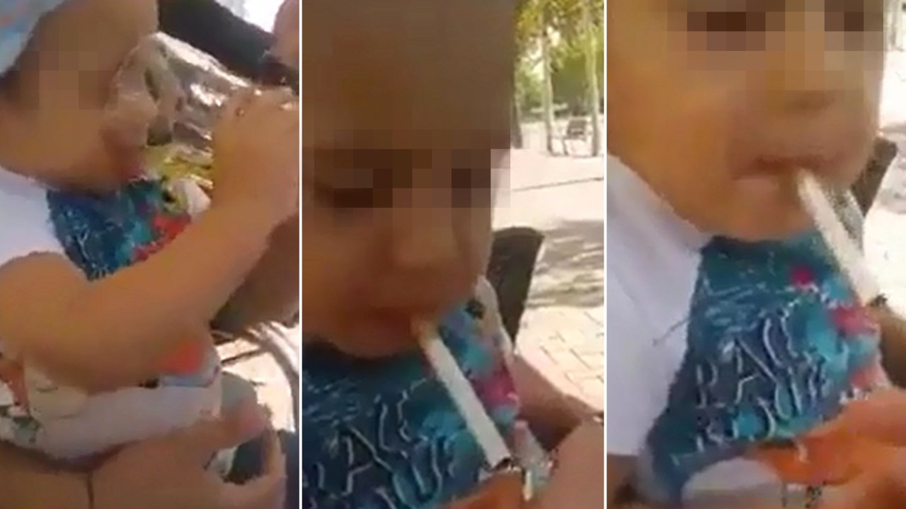 Criança com cerveja e cigarro