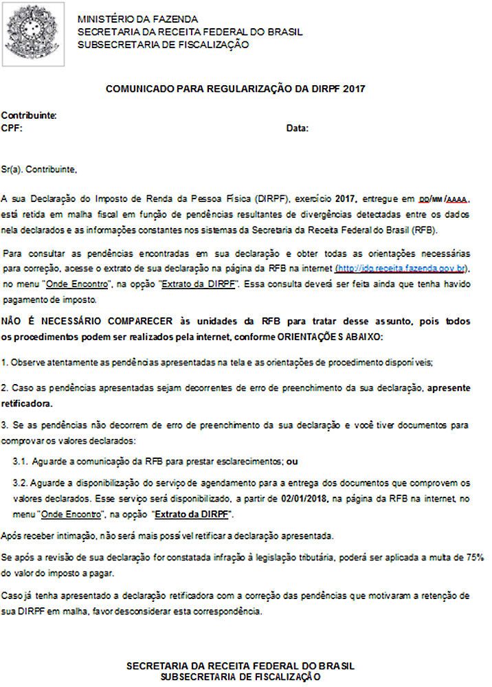 Carta de autorregularizacao para contribuintes com pendências da DIRPF