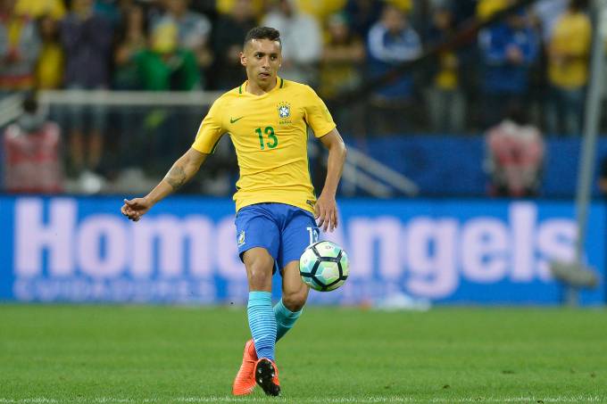 O zagueiro Marquinhos em ação pela seleção brasileira