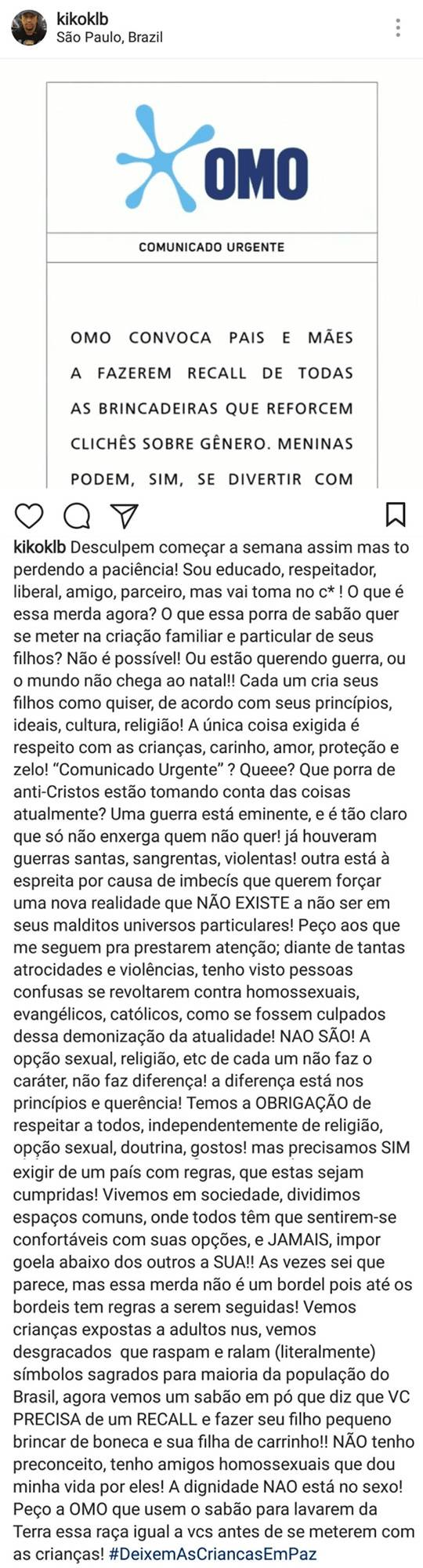 Post do cantor Kiko do KLB contra a Omo